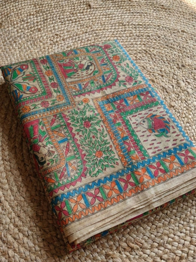 Indiehaat | Ghicha Tussar Madhubani Silk Saree Beige
