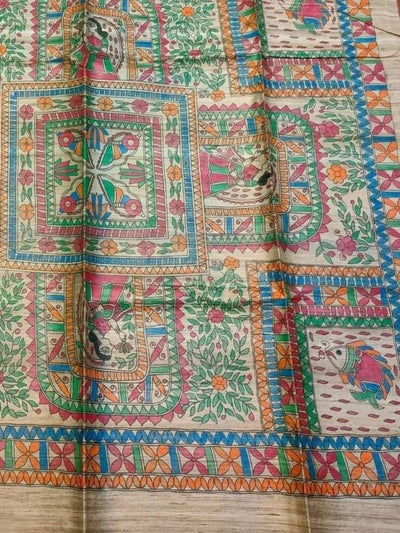 Indiehaat | Ghicha Tussar Madhubani Silk Saree Beige