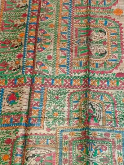 Indiehaat | Ghicha Tussar Madhubani Silk Saree Beige