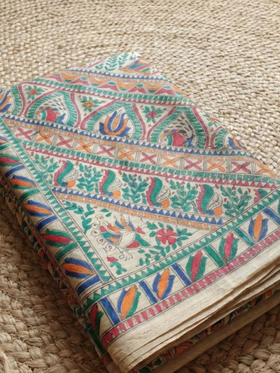 Indiehaat | Ghicha Tussar Madhubani Silk Saree Beige