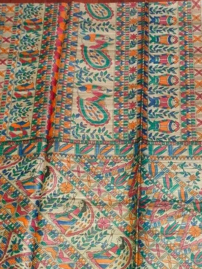 Indiehaat | Ghicha Tussar Madhubani Silk Saree Beige