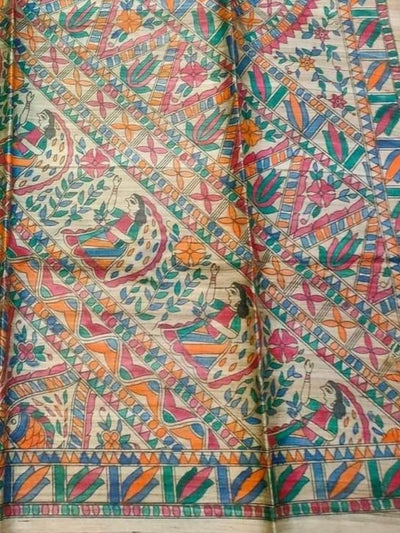 Indiehaat | Ghicha Tussar Madhubani Silk Saree Beige