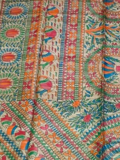 Indiehaat | Ghicha Tussar Madhubani Silk Saree Beige
