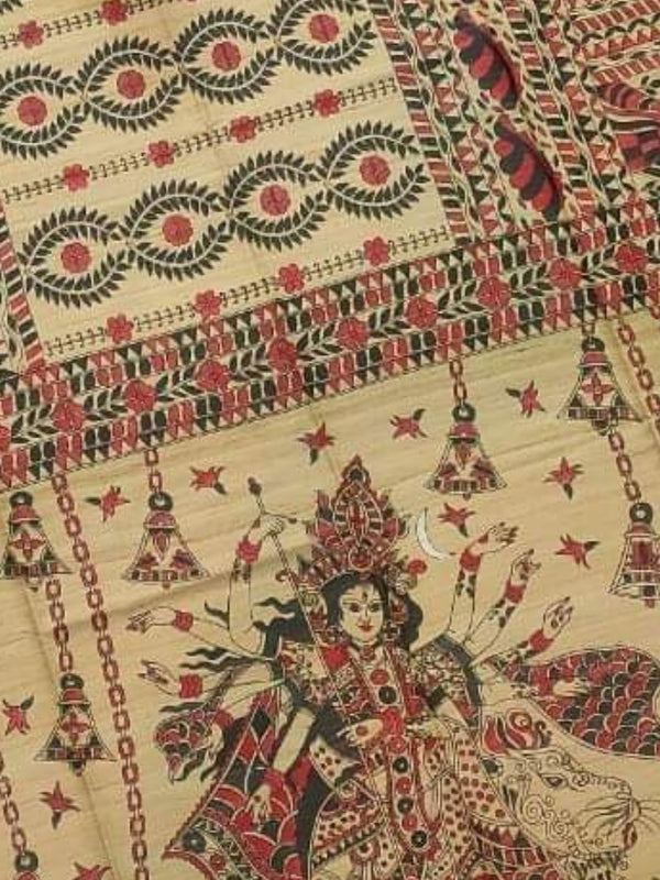 Indiehaat | Ghicha Tussar Madhubani Silk Saree Beige