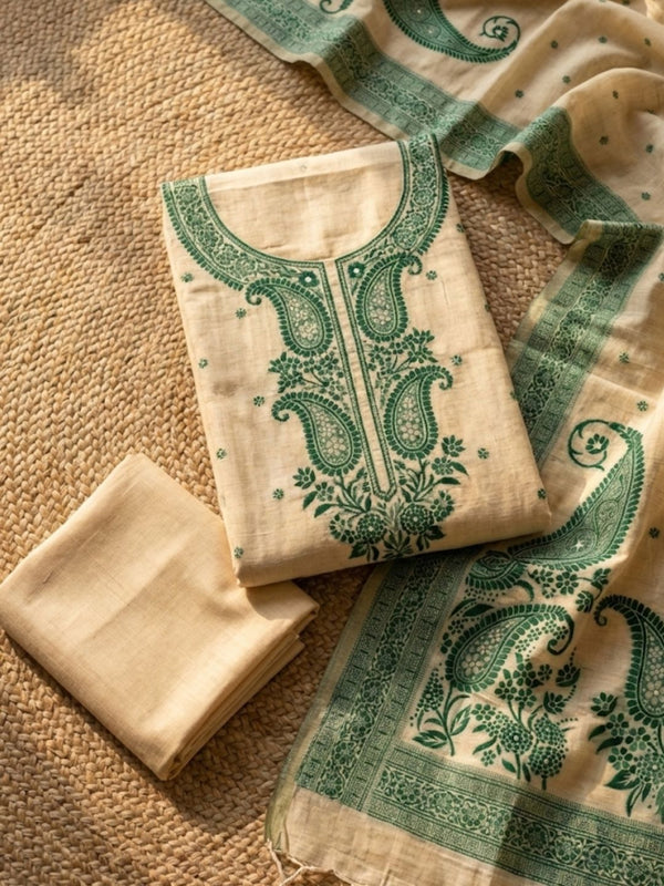Indiehaat | Jamdani Cotton Suit Material Cream