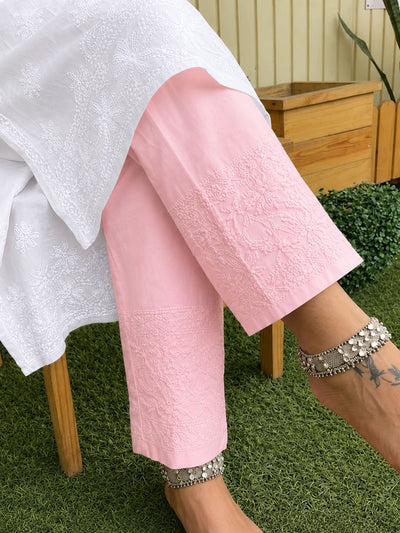 Indiehaat | Pure Cotton Chikankari Stretchable Pants Pink