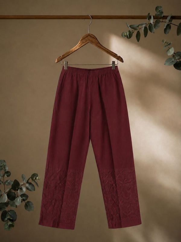 Indiehaat | Pure Cotton Chikankari Stretchable Pants Wine