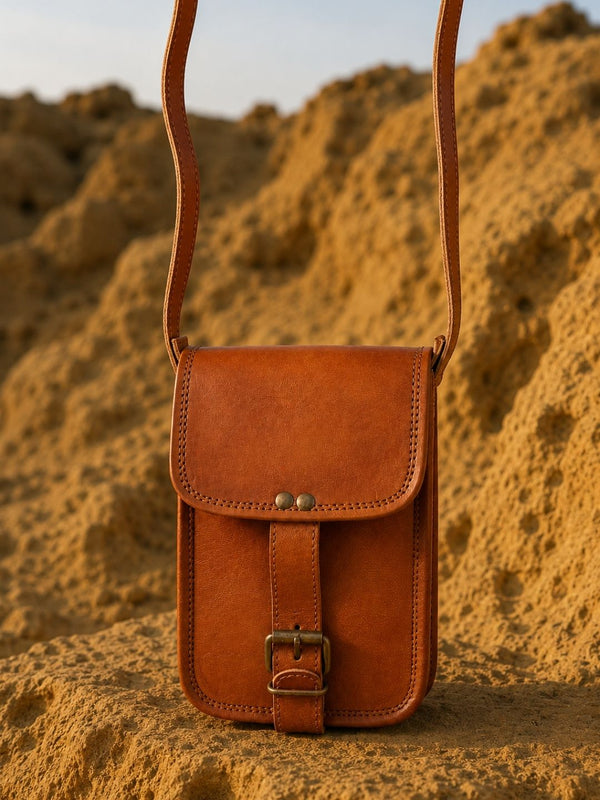 Indiehaat | Pure Leather Mobile Sling Bag Saddle Brown
