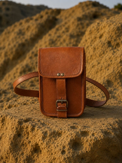 Indiehaat | Pure Leather Mobile Sling Bag Saddle Brown