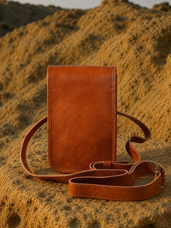Indiehaat | Pure Leather Mobile Sling Bag Saddle Brown