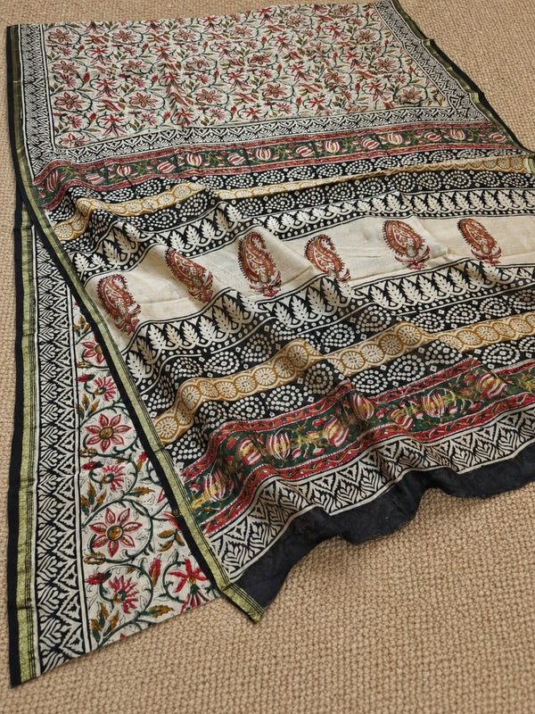 Indiehaat | Beige Chanderi Silk Kalamkari Saree