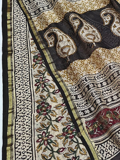 Indiehaat | Beige Chanderi Silk Kalamkari Saree