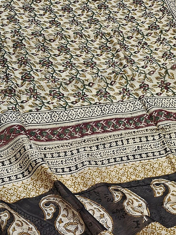 Indiehaat | Beige Chanderi Silk Kalamkari Saree