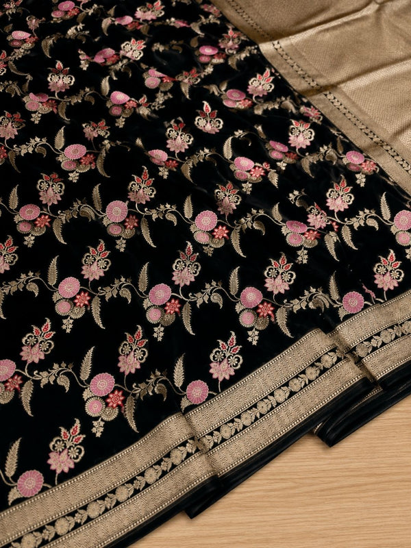 Indiehaat | Black Mina Mashru Katan Silk Saree | Meenakari