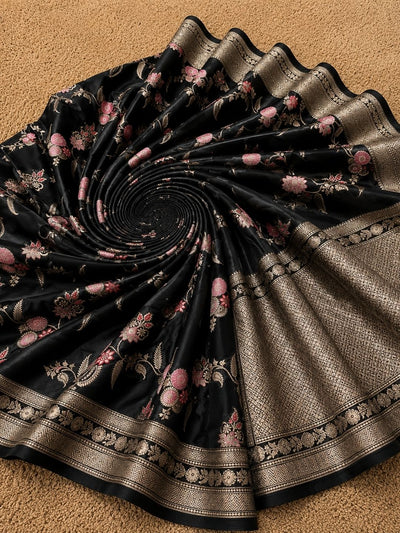 Indiehaat | Black Mina Mashru Katan Silk Saree | Meenakari