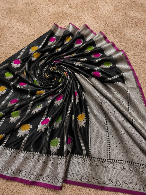 Indiehaat | Green Mina Mashru Katan Silk Saree | Meenakari