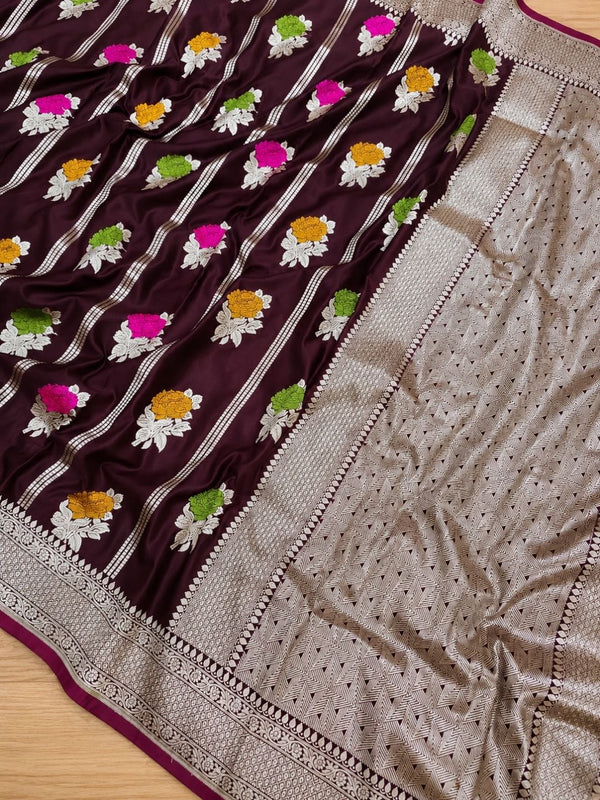 Indiehaat | Brown Mina Mashru Katan Silk Saree | Meenakari