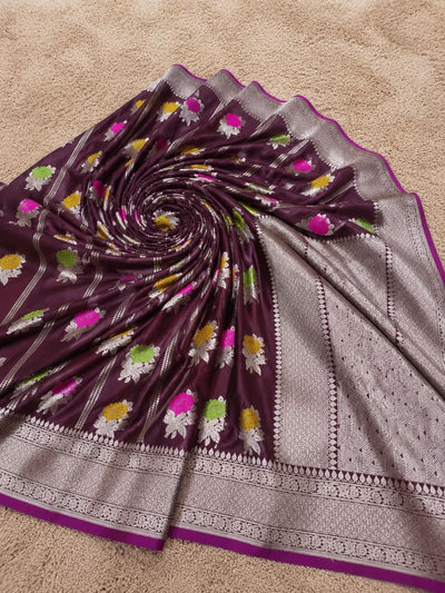 Indiehaat | Brown Mina Mashru Katan Silk Saree | Meenakari