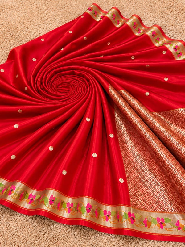 Indiehaat | Red Mina Mashru Katan Silk Saree | Meenakari