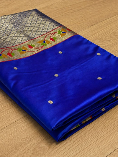 Indiehaat | Blue Mina Mashru Katan Silk Saree | Meenakari