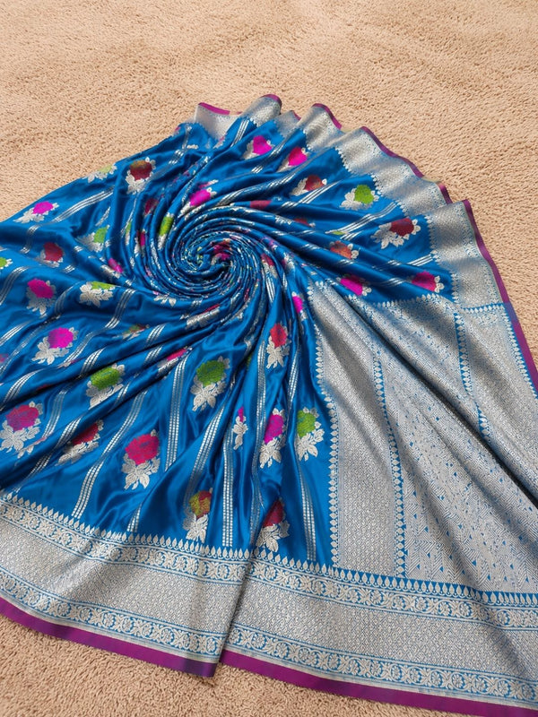 Indiehaat | Blue Mina Mashru Katan Silk Saree | Meenakari