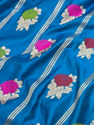 Indiehaat | Blue Mina Mashru Katan Silk Saree | Meenakari