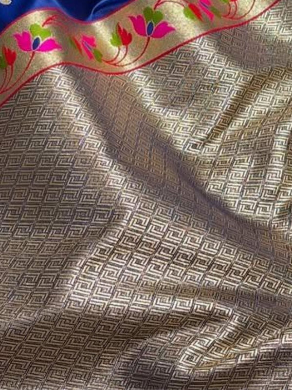 Indiehaat | Blue Mina Mashru Katan Silk Saree | Meenakari