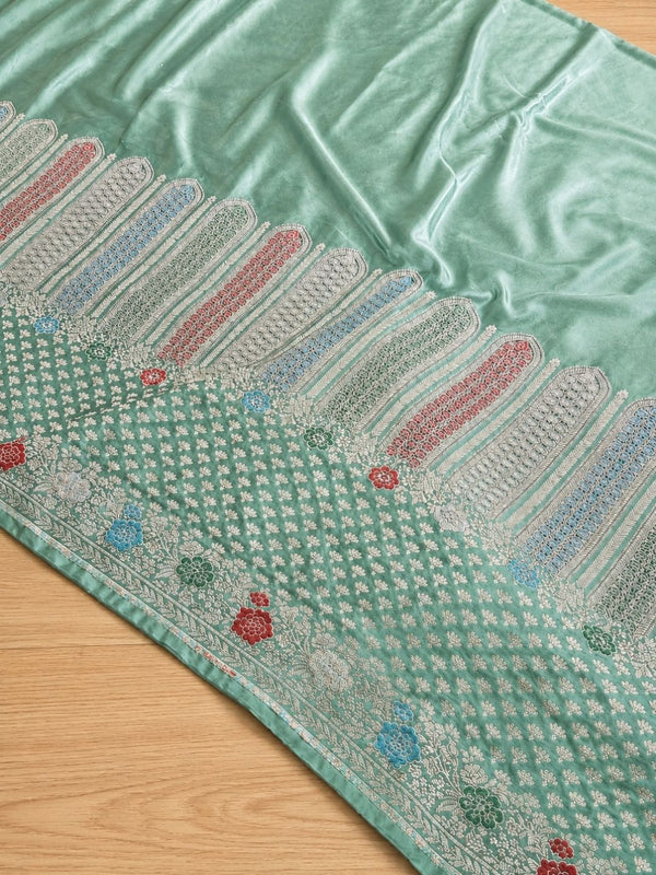 Indiehaat | Green Mina Mashru Katan Silk Saree | Meenakari