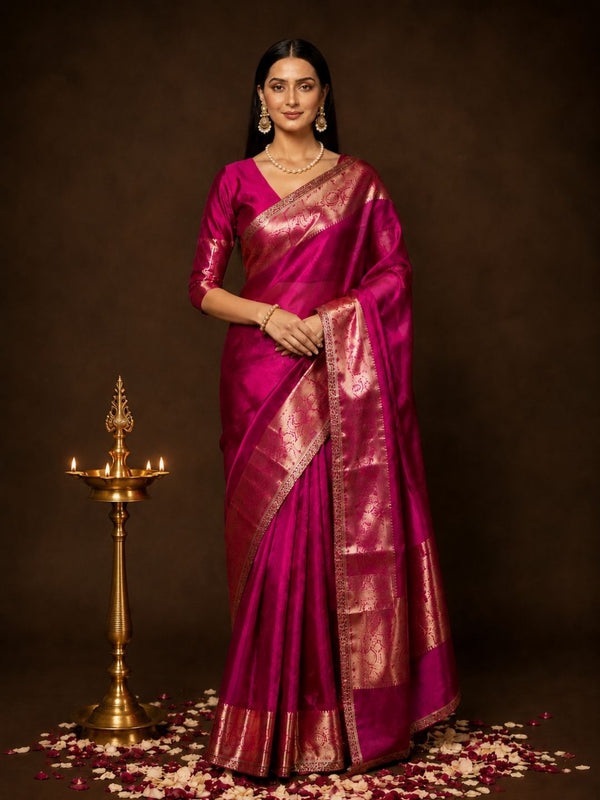 Indiehaat | Pink Banarasi Tissue Silk Saree | Brocade