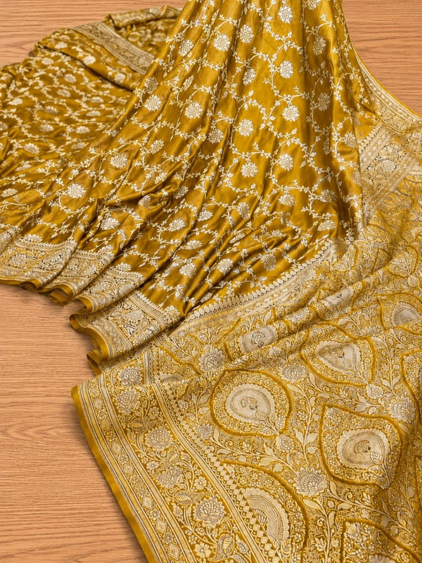 Indiehaat | Yellow Mashru Katan Silk Saree | Brocade