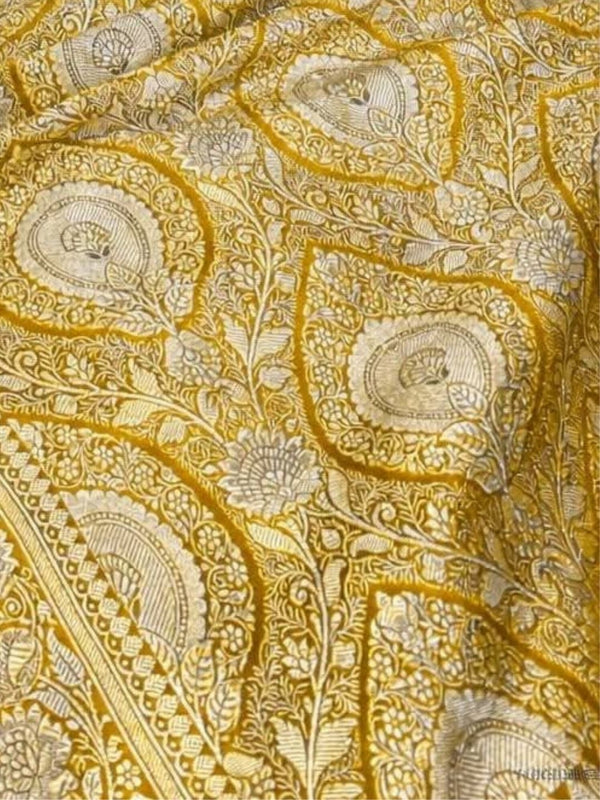 Indiehaat | Yellow Mashru Katan Silk Saree | Brocade