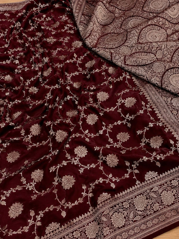 Indiehaat | Maroon Mashru Katan Silk Saree | Brocade