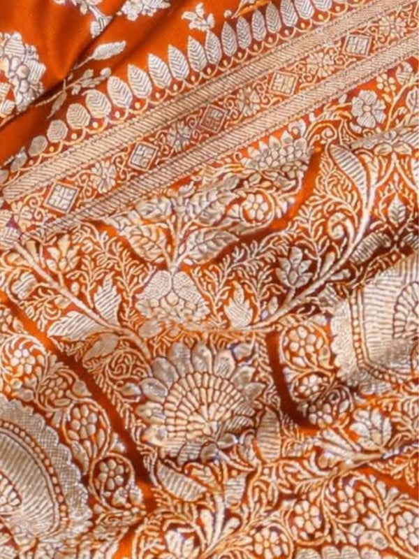 Indiehaat | Orange Mashru Katan Silk Saree | Brocade