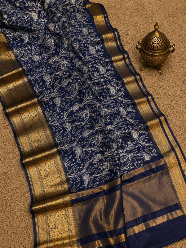 Indiehaat | Blue Organza Silk Saree | Embroidery