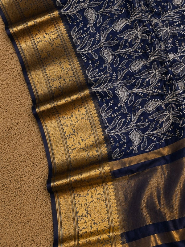 Indiehaat | Blue Organza Silk Saree | Embroidery