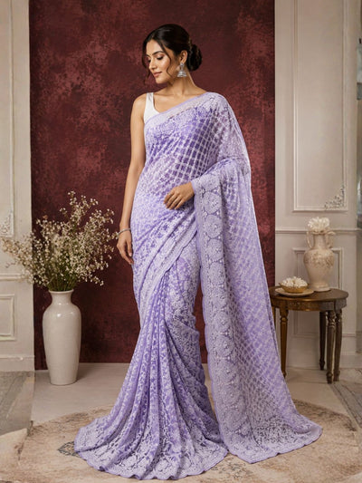 Taanvika Georgette Chikankari Saree Light Purple