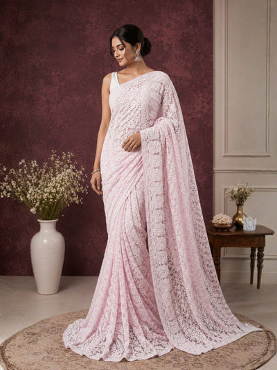 Taanvika Georgette Chikankari Saree Light Pink
