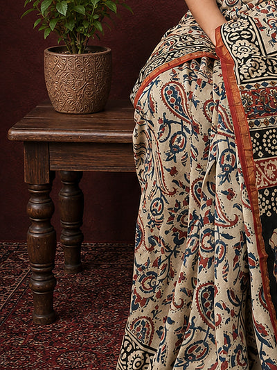Indiehaat | Beige Chanderi Silk Kalamkari Saree