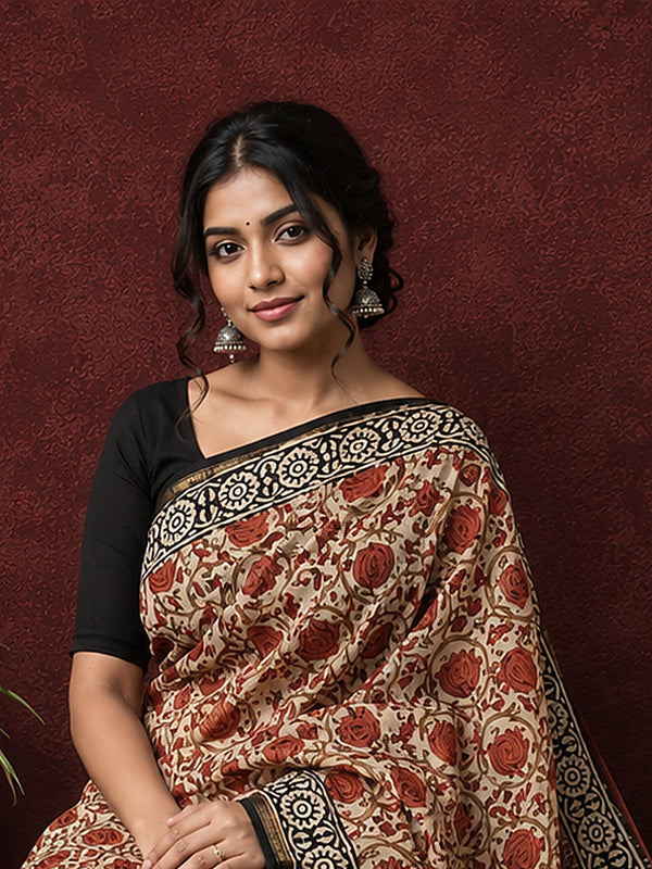 Indiehaat | Beige Chanderi Silk Kalamkari Saree