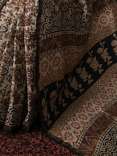 Indiehaat | Beige Chanderi Silk Kalamkari Saree