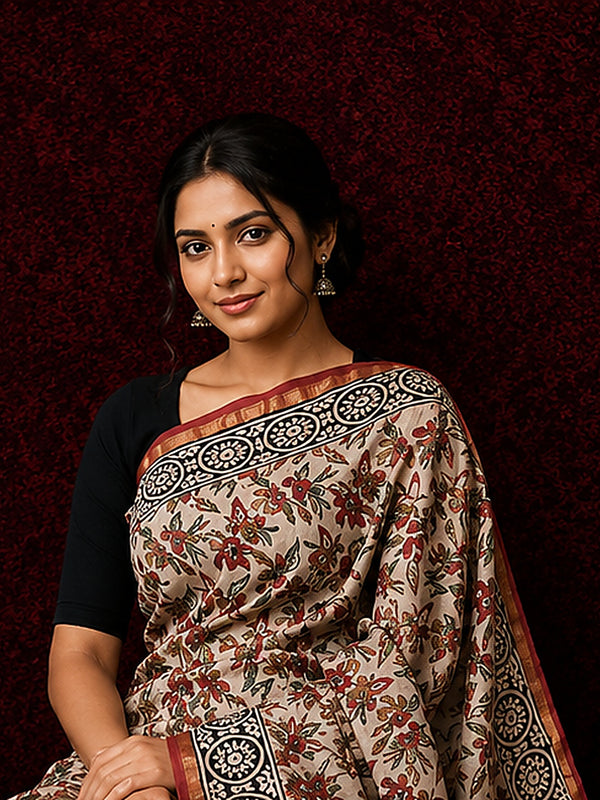 Indiehaat | Beige Chanderi Silk Kalamkari Saree