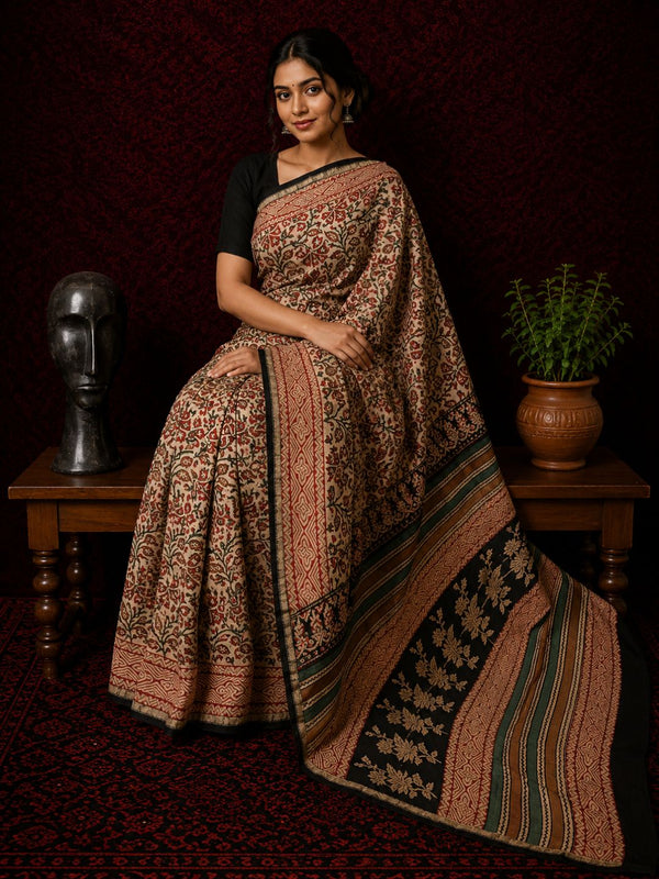 Indiehaat | Beige Chanderi Silk Kalamkari Saree
