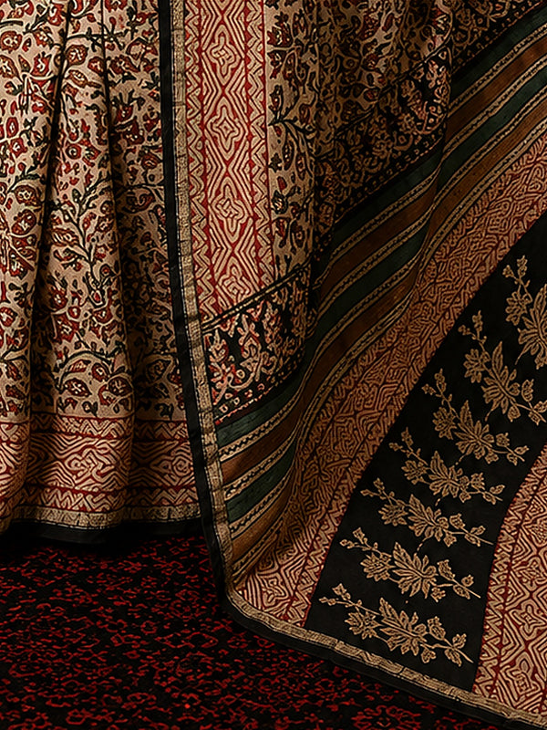 Indiehaat | Beige Chanderi Silk Kalamkari Saree