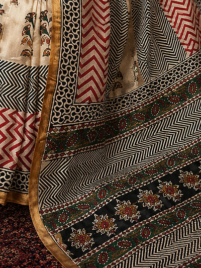 Indiehaat | Beige Chanderi Silk Kalamkari Saree