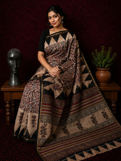 Indiehaat | Beige Chanderi Silk Kalamkari Saree
