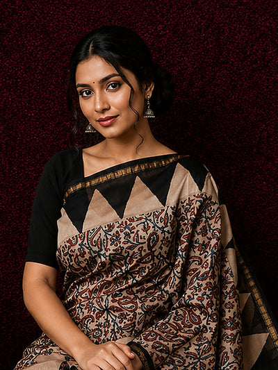 Indiehaat | Beige Chanderi Silk Kalamkari Saree