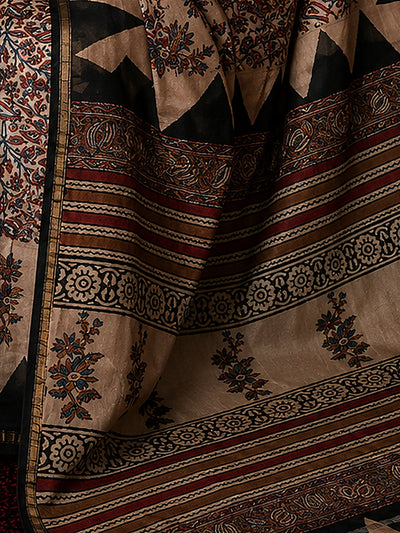 Indiehaat | Beige Chanderi Silk Kalamkari Saree