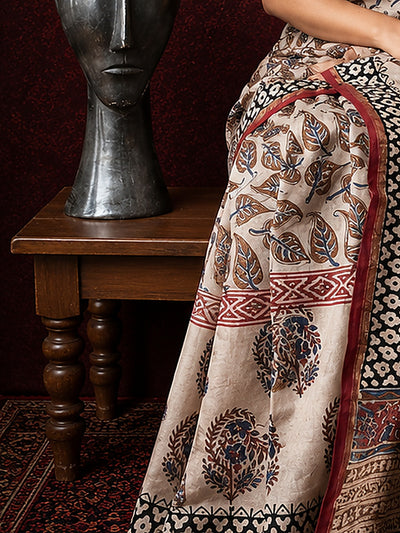 Indiehaat | Beige Chanderi Silk Kalamkari Saree