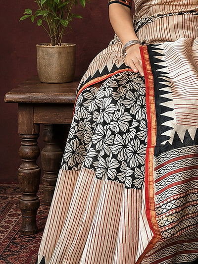 Indiehaat | Beige Chanderi Silk Kalamkari Saree