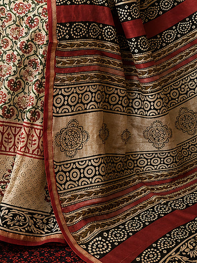 Indiehaat | Beige Chanderi Silk Kalamkari Saree